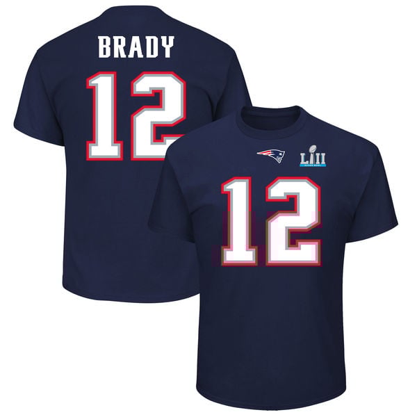 Tom Brady New England Patriots NFL Pro Line by Fanatics Branded Super Bowl LII Bound Eligible Receiver Patch Name & Number T-Shirt – Navy 2017 afc champions new england patriots locker room hats shirts men women kids