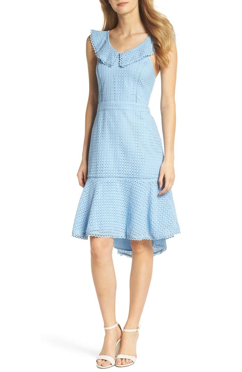 CHELSEA28 Sleeveless Eyelet Trumpet Dress Blue Placid eyelet dresses