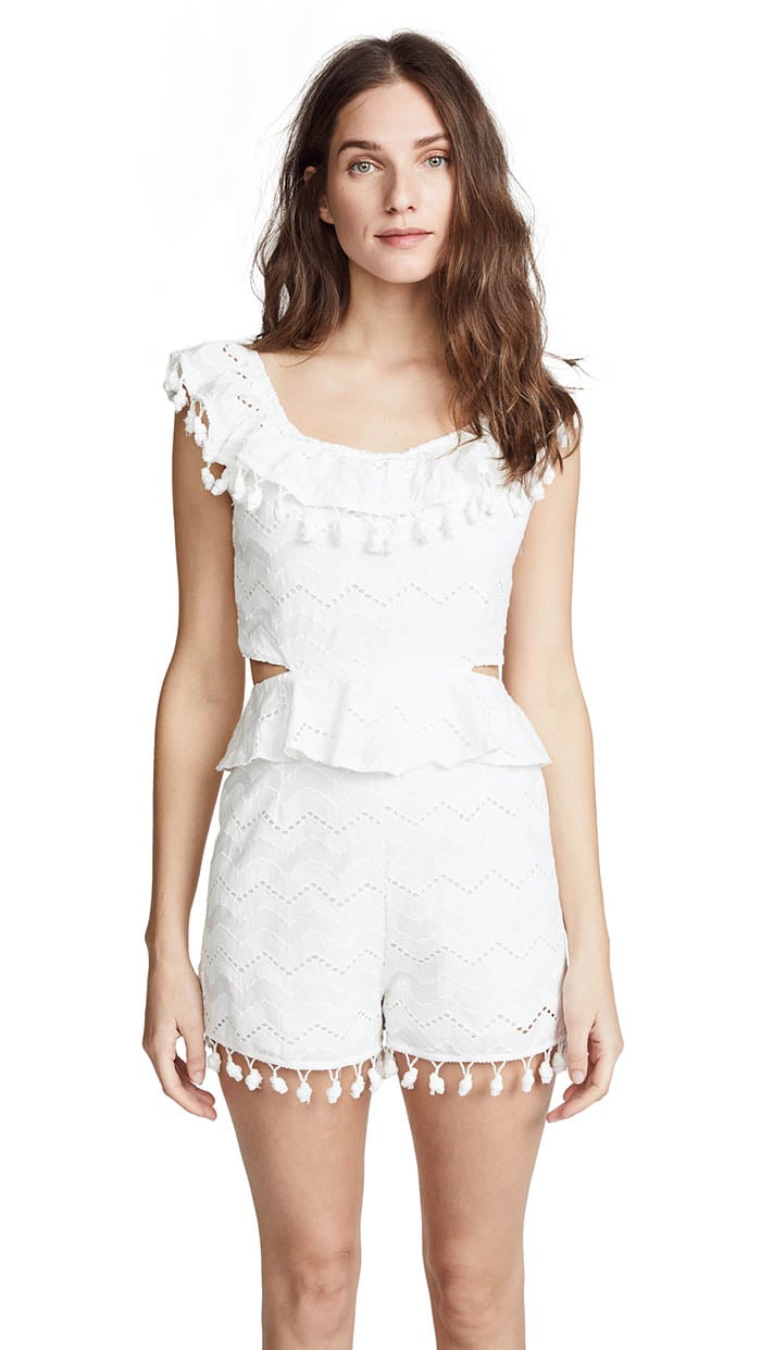 Moon River Ruffle Romper White Cutout Pompoms rompers