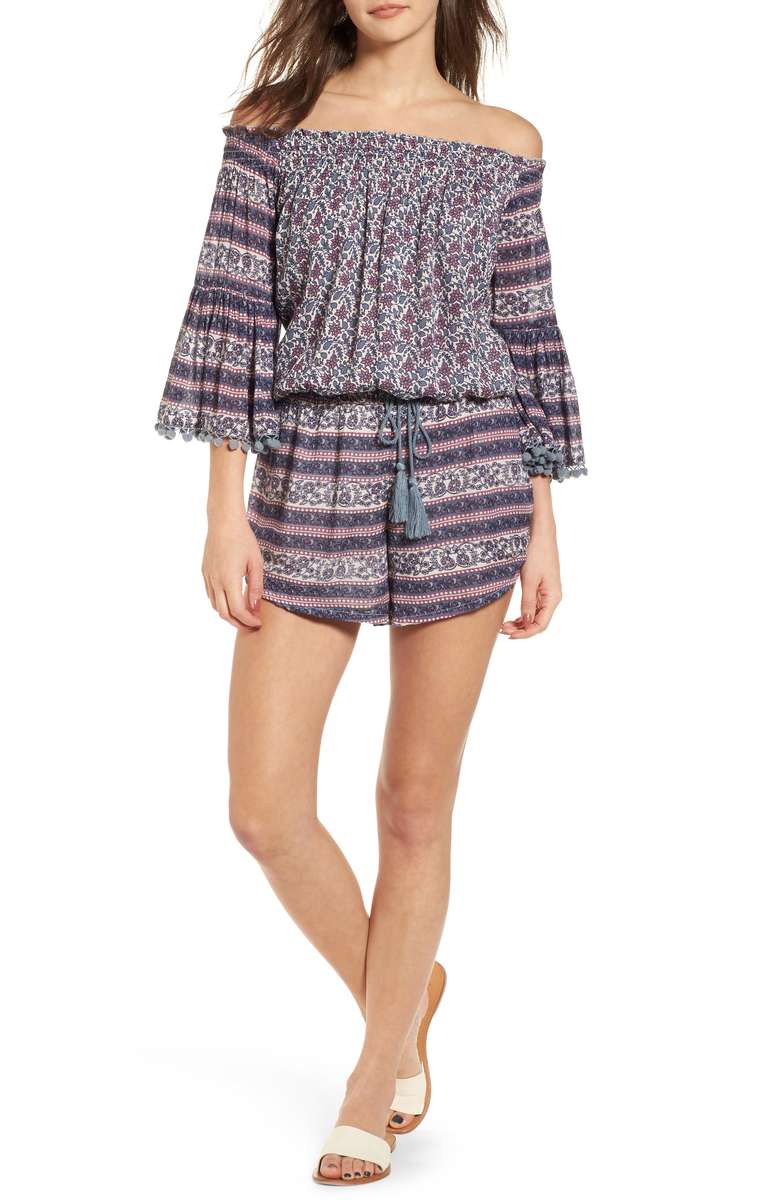 RAGA Sydney Off the Shoulder Romper Beige Lavender BLue Pink Pompom detail rompers spring women