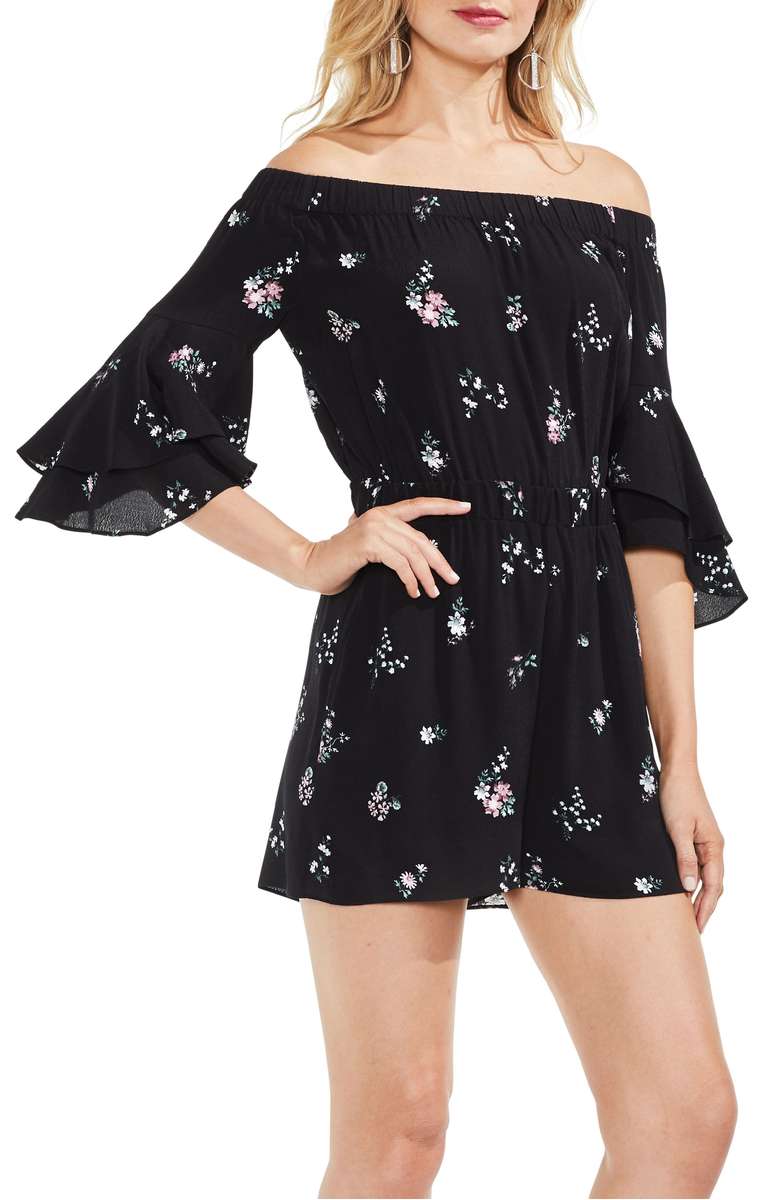 VINCE CAMUTO Off the Shoulder Ruffle Sleeve Floral Romper Rich Black rompers spring summer women