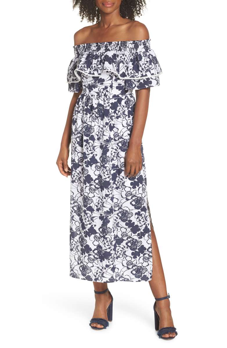 CHELSEA28 Off the Shoulder Ruffle Maxi Dress Navy Ivory Floral Blue White Dresses summer