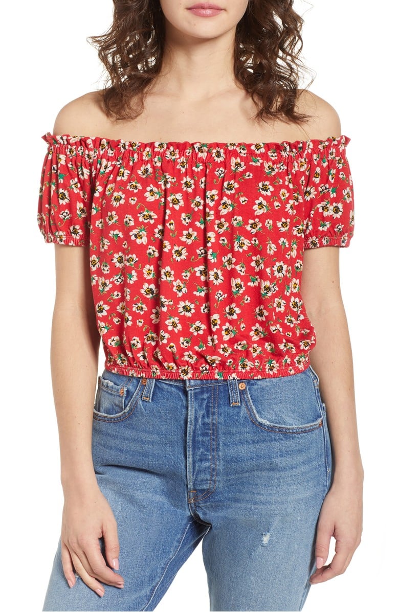 CHLOE & KATIE Floral Off the Shoulder Top Red Floral print off the shoulder tops