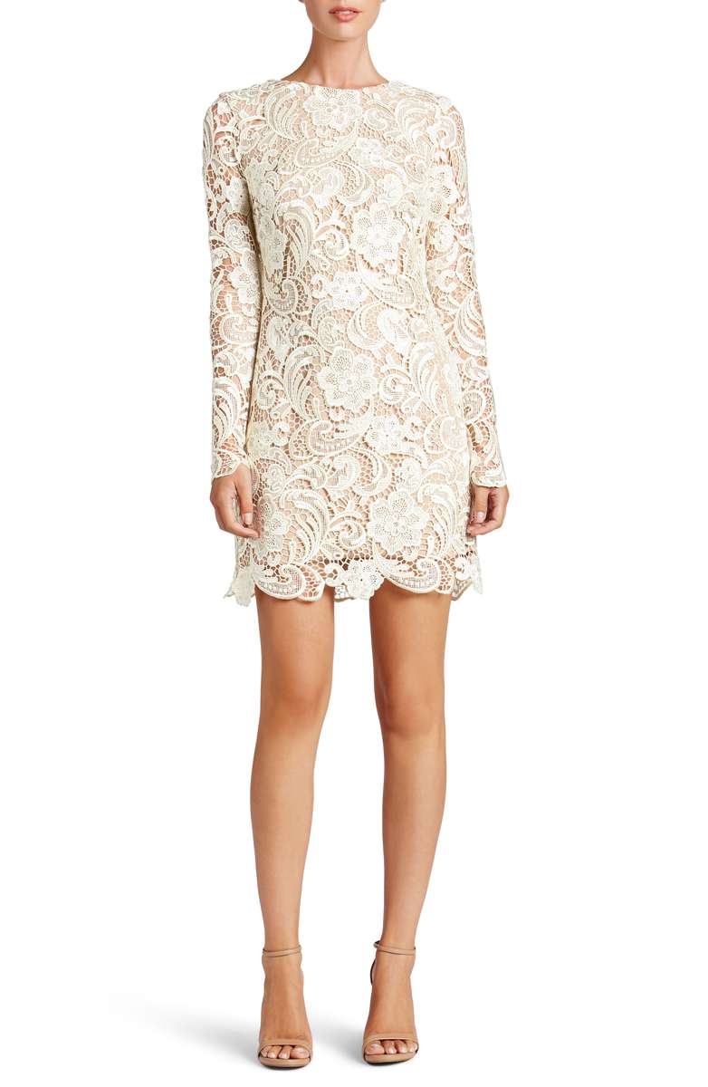 DRESS THE POPULATION Jessica Crochet Shift Dress White Nude crochet dresses summer 2018
