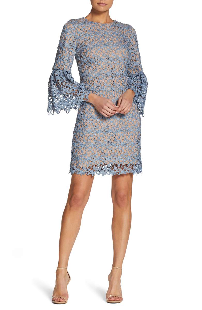 DRESS THE POPULATION Paige Crochet Shift Dress Mineral Blue Nude crochet dresses wedding guests
