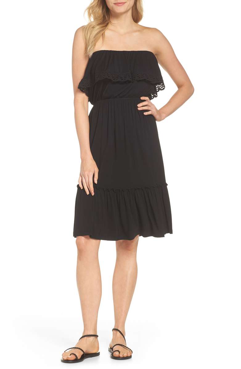 FELICITY & COCO Strapless Ruffle Blouson Jersey Dress Black crochet dresses summer 2018
