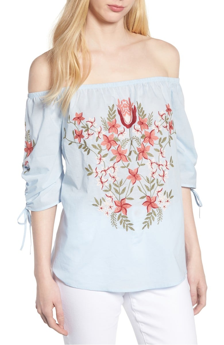HINGE Embroidered Off the Shoulder Top Blue Cashmere Combo off the shoulder tops summer 2018