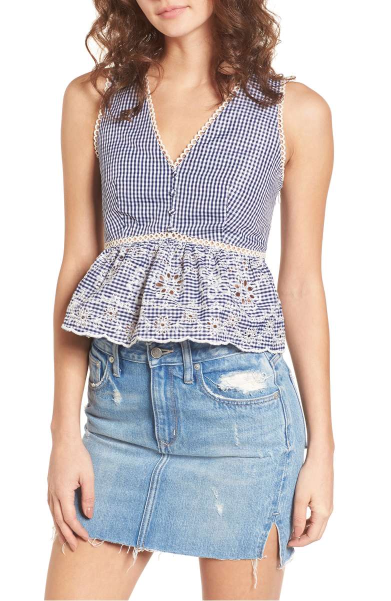 J.O.A. Embroidered Gingham Crop Top Navy Gingham tops spring summer 2018