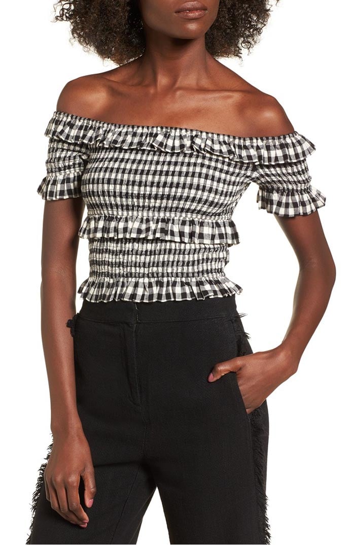 MOON RIVER Off the Shoulder Smocked Top Black White Gingham Check off the shoulder tops summer 2018