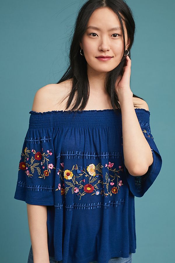 Ranna Gill Washoe Off-The-Shoulder Blouse Navy Blue off the shoulder tops under 100 dollars summer 2018