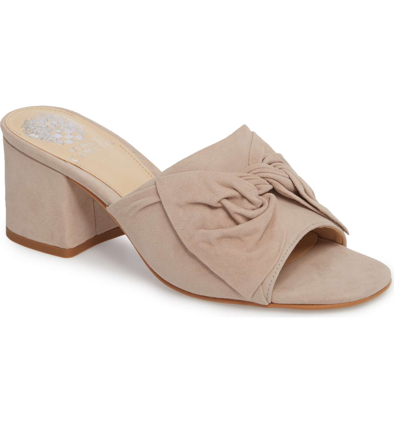 VINCE CAMUTO Sharrey Sandal Tipsy Taupe Suede bow detail block heel sandals