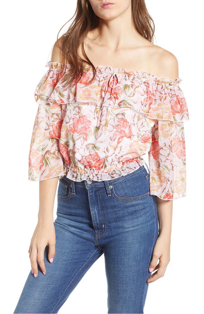 WAYF Cosenza Off the Shoulder Crop Top floral print off the shoulder tops under 100 dollars summer 2018