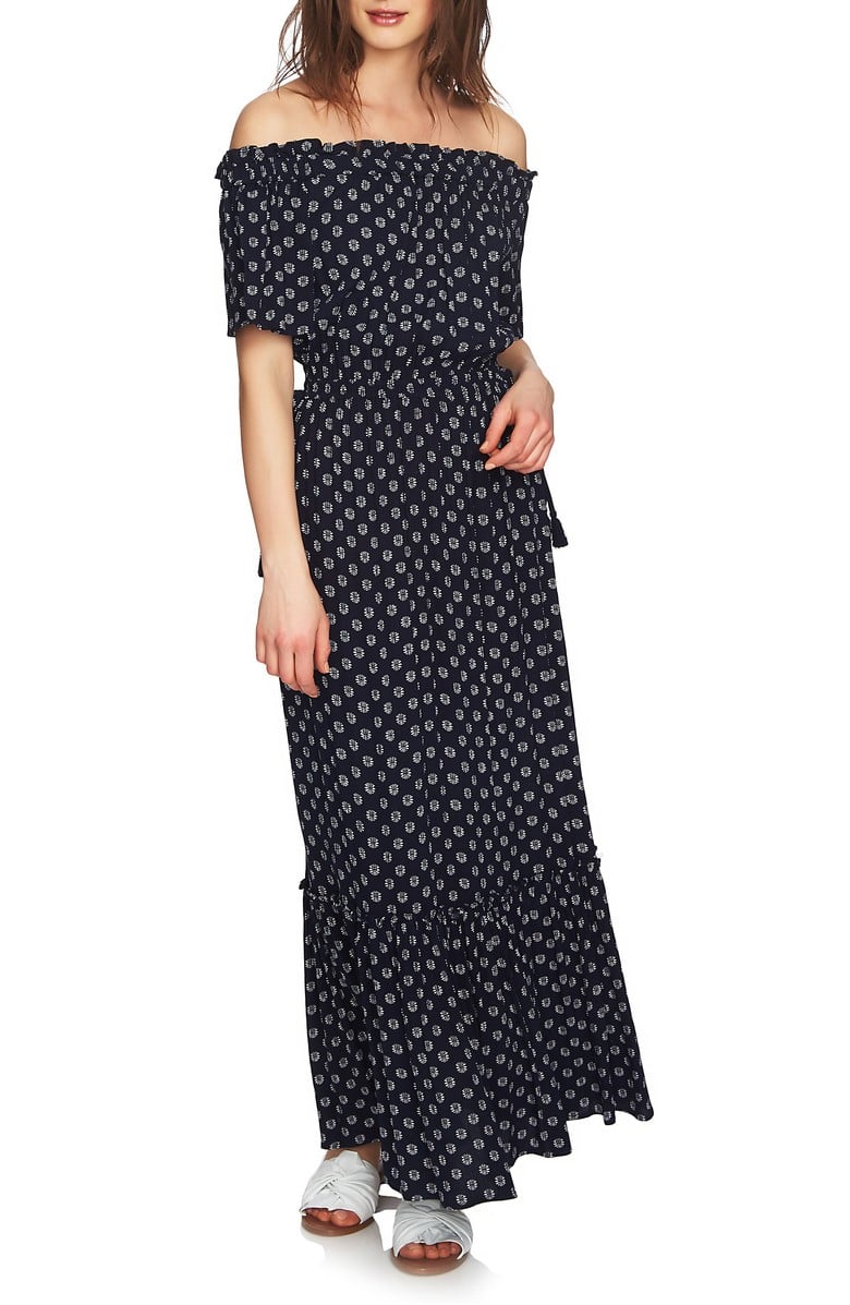 1.STATE Off the Shoulder Cinched Waist Maxi Dress Night Navy Blue casual maxi dresses summer 2018