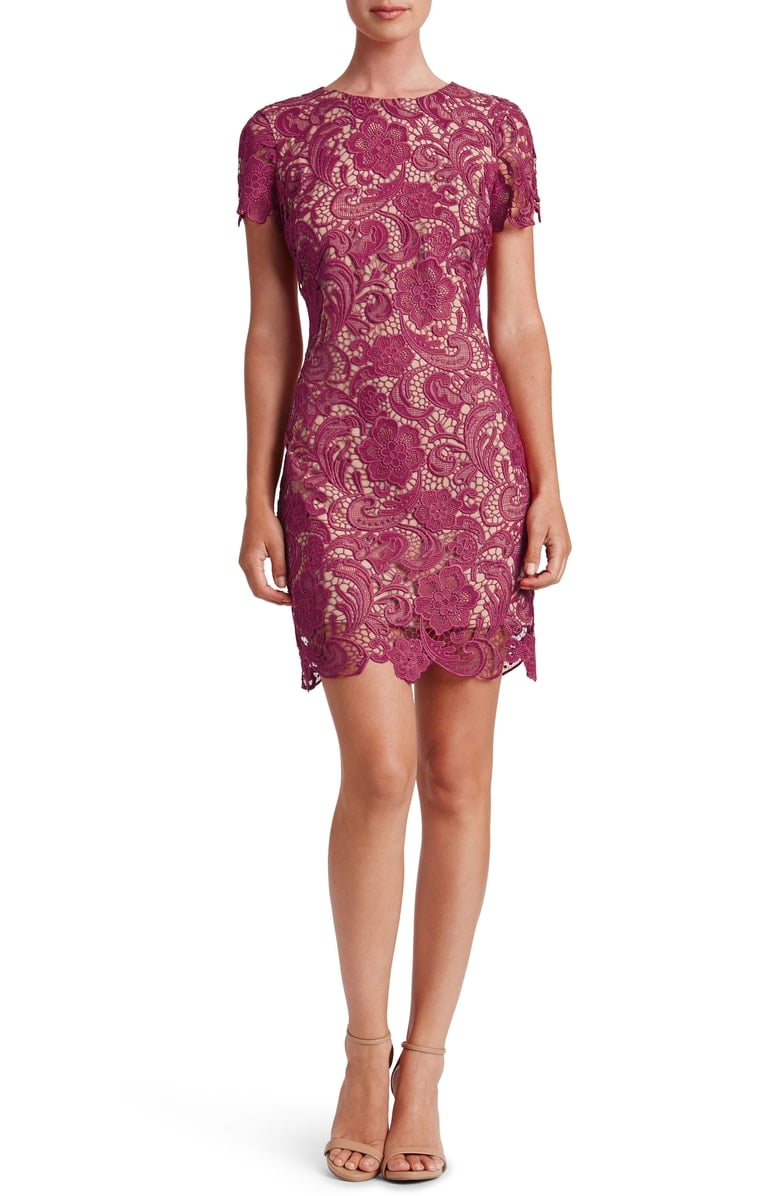 DRESS THE POPULATION Anna Crochet Lace Sheath Dress Mulberry Nude lace dresses fall wedding guests