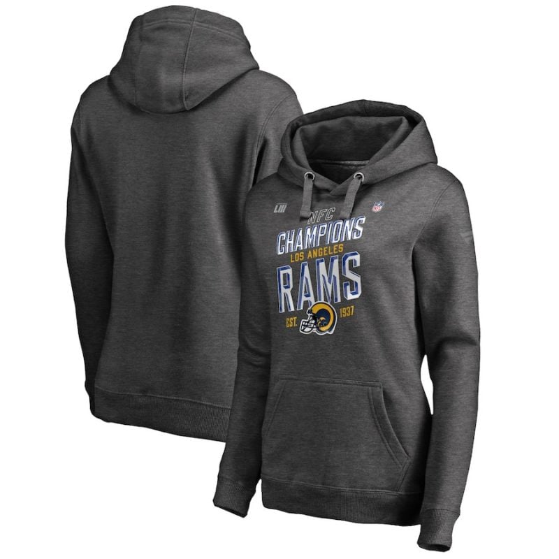 Los Angeles Rams NFL Pro Line by Fanatics Branded Women's 2018 NFC Champions Trophy Collection Locker Room Pullover Hoodie – Heather Charcoal los angeles rams nfc champions