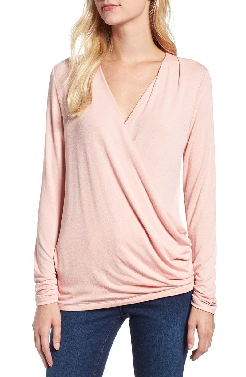 BOBEAU Faux Wrap Knit Top Dusty Pink wrap tops drape front tops
