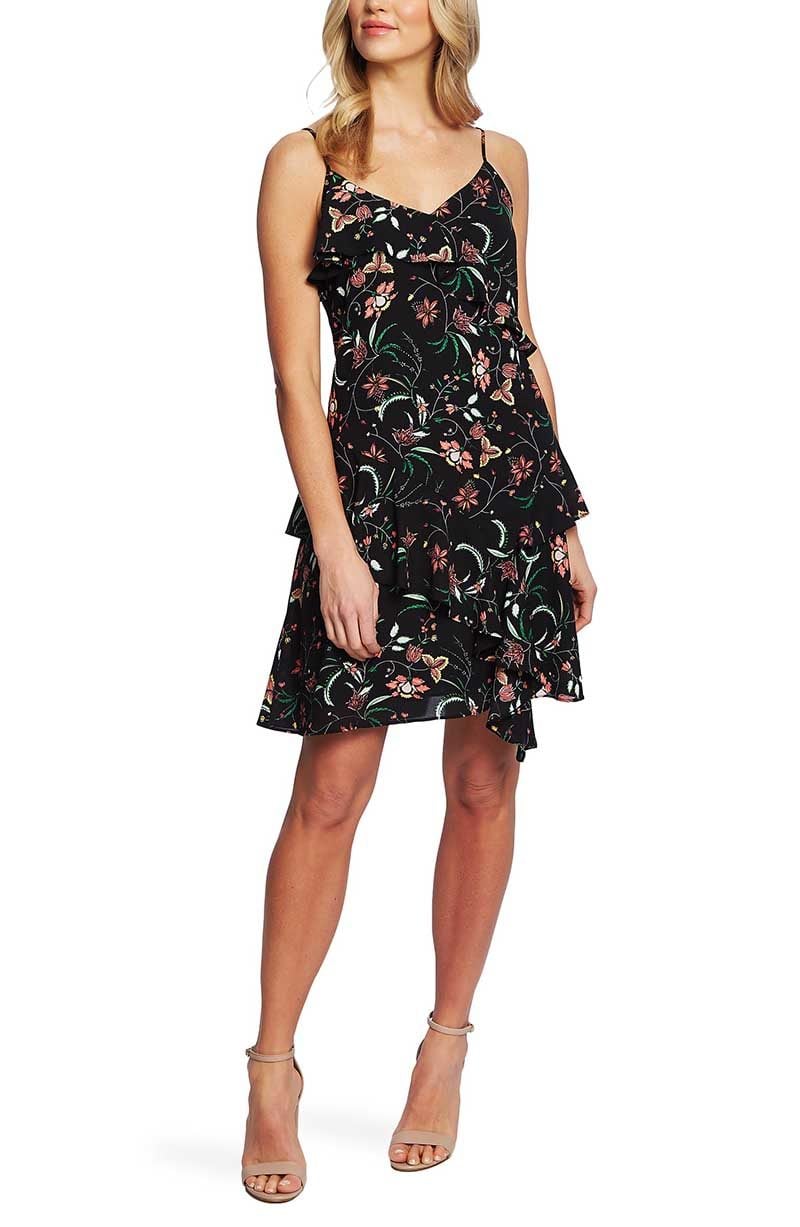 CECE Marrakesh Ink Floral Print Sleeveless Ruffle Dress floral print derby dresses