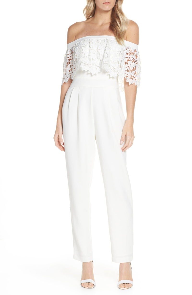 ELIZA J Popover Lace Off the Shoulder Jumpsuit Ivory jumpsuits spring summer 2019