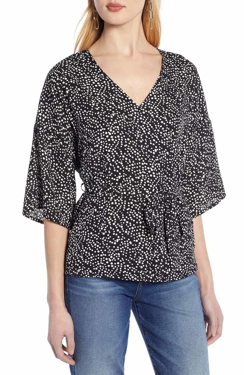 Halogen Faux Wrap Top Black Dot wrap tops drape front tops