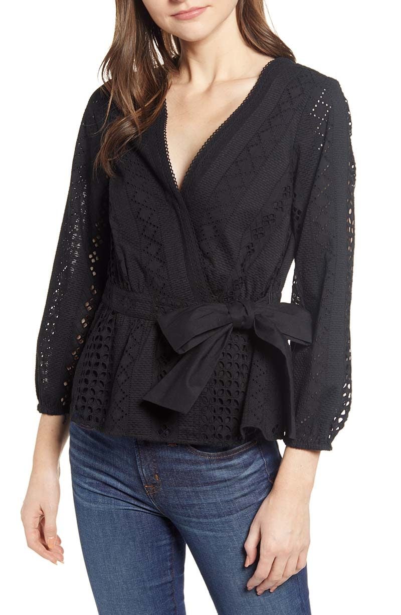 J.CREW Eyelet Wrap Top Black wrap tops drape front tops spring summer