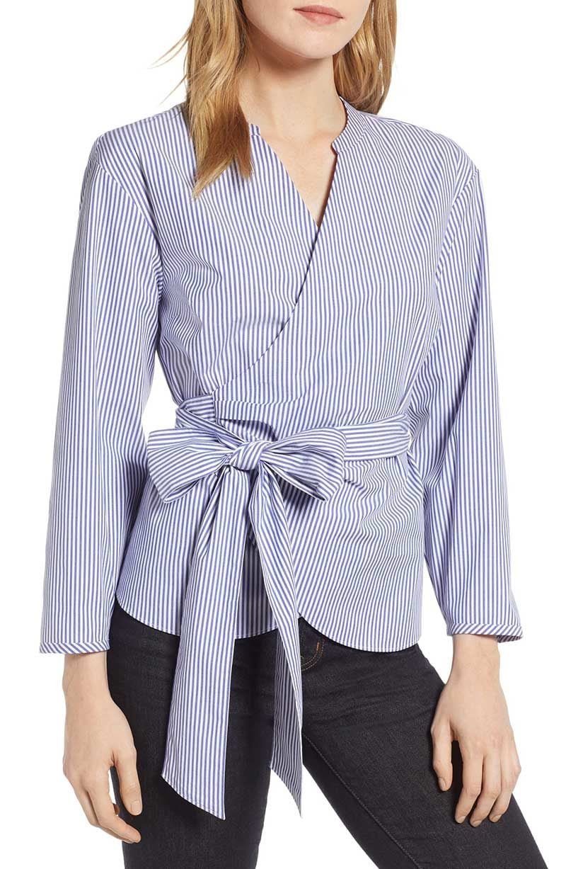 J.CREW Stretch Cotton Stripe Wrap Top Blue White wrap tops drape front tops