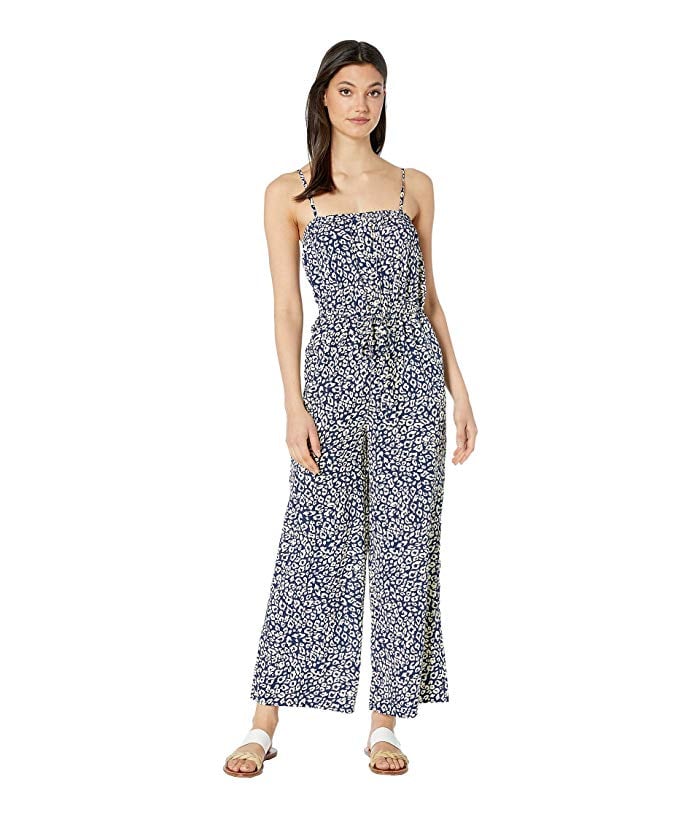 J.O.A. Woven Animal Print Jumpsuit with Waist Tie Navy Animal JUMPSUITS SPRING 2019