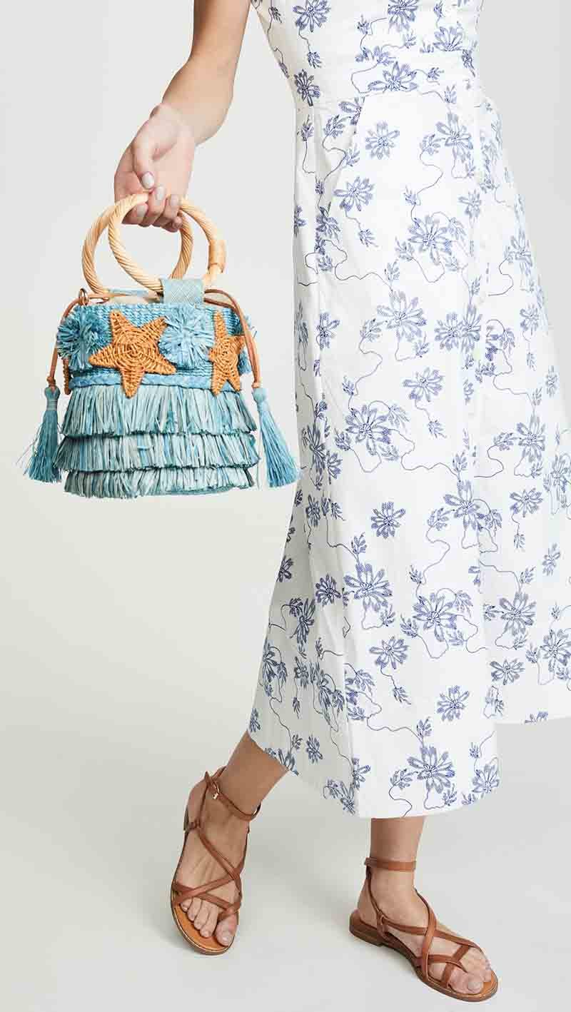 ARANAZ Stella Fringe Bucket Bag Blue Fringe stars wicker handbags spring summer 2019 travel