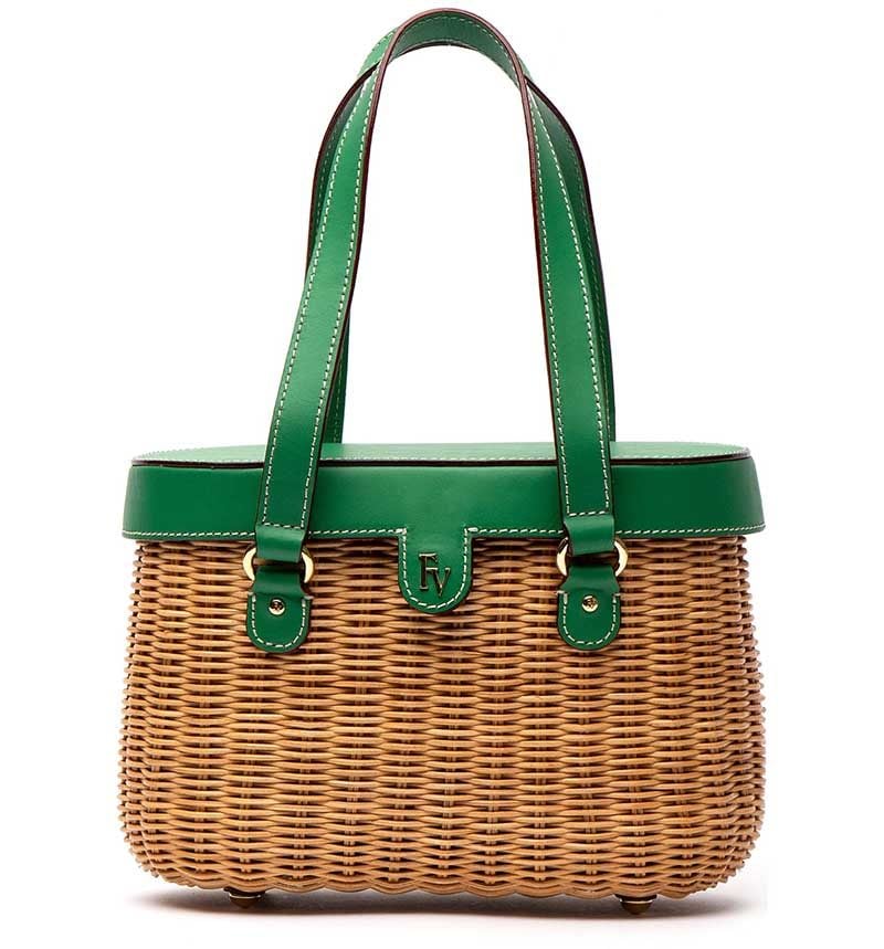 FRANCES VALENTINE Arielle Wicker Top Handle Bag Natural Green Ray wicker handbags spring summer 2019