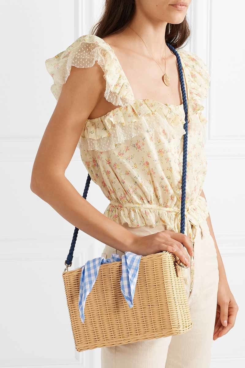 KAYU Chloe wicker and gingham cotton-canvas shoulder bag wicker handbags spring summer 2019