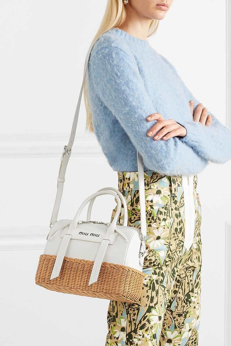 MIU MIU Textured-leather and rattan tote white wicker handbags