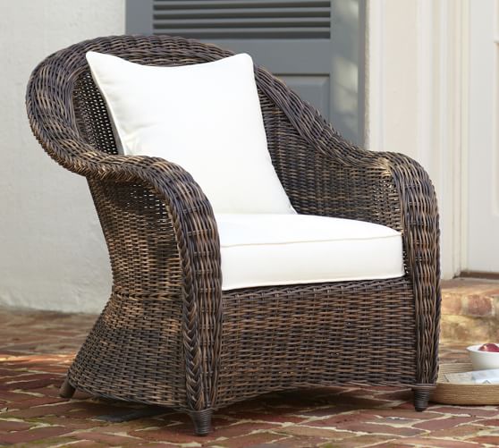 Pottery Barn TORREY ALL-WEATHER WICKER ROLL ARM OCCASIONAL CHAIR, ESPRESSO pottery barn outdoor sale