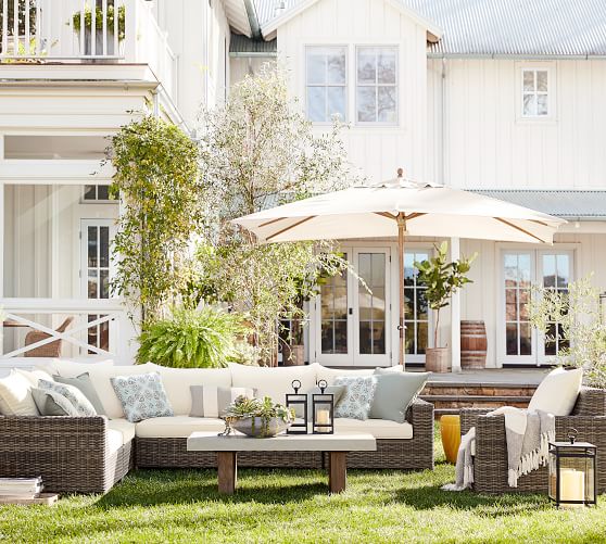 Pottery Barn TORREY ALL-WEATHER WICKER SQUARE-ARM SECTIONAL SET, CHARCOAL GRAY pottery barn outdoor sale