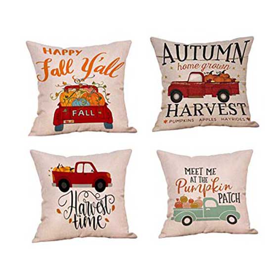 SUFAM Set of 4 Pillow Cases Halloween Car Pumpkin Fall Thanksgiving Celebration Yellow Red English Words Throw Pillowcase Cover Cushion Case Home Decor 16x16 inch fall farmhouse throw pillows truck pickup