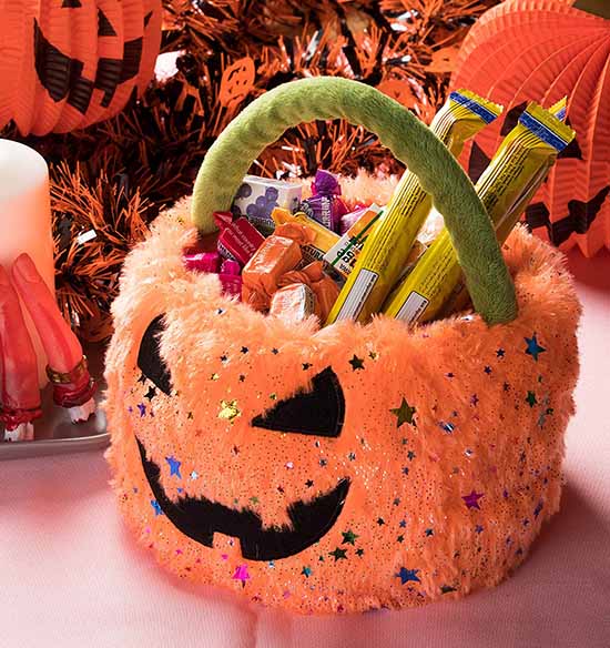 Halloween Trick-or-Treat Candy Bag - Plush Jack-O-Lantern Basket, Kids Pumpkin Bucket and Goodie Bag, Costume Party Decoration, Orange blue panda