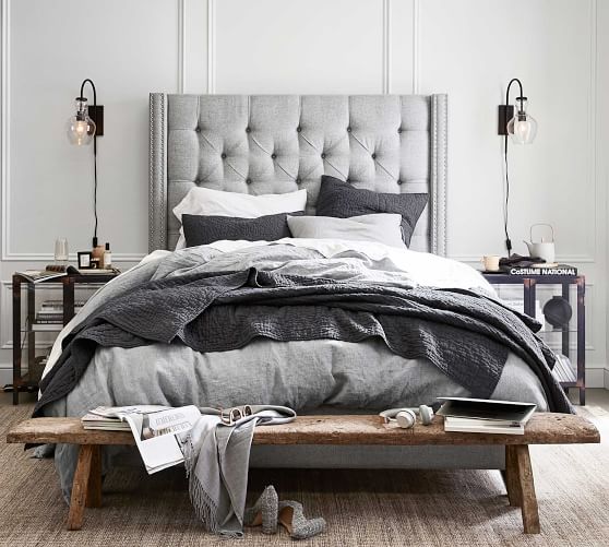 Pottery Barn BELGIAN FLAX LINEN HANDCRAFTED QUILT & SHAMS - CHARCOAL gray bedding grey