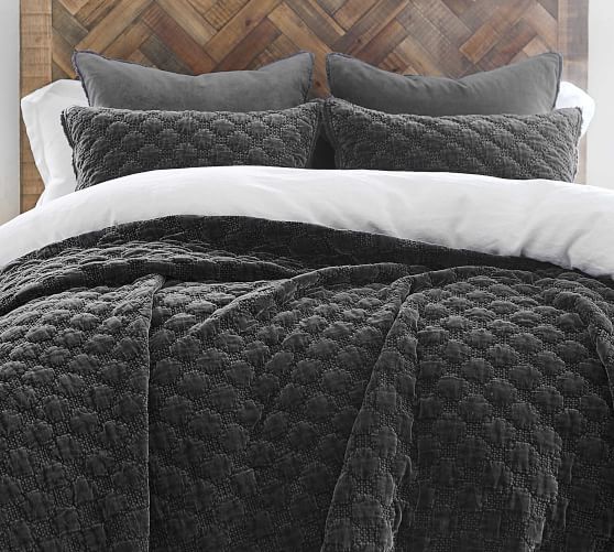 Pottery Barn VELVET LATTICE QUILT & SHAMS gray bedding