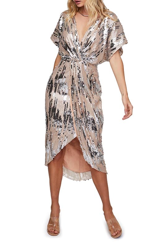 ASTR THE LABEL Paloma Sequin Faux Wrap Midi Dress Champagne Sequin dresses holiday party parties