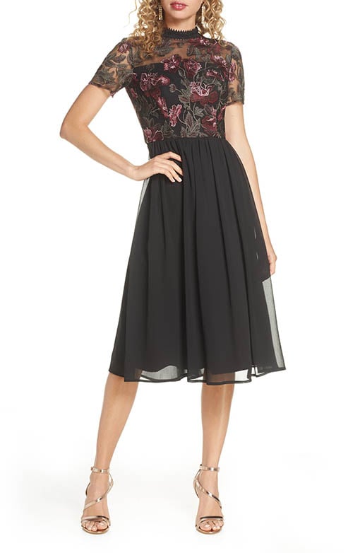 CHI CHI LONDON Tashy Embroidered Chiffon A-Line Dress Black midi dresses holiday parties
