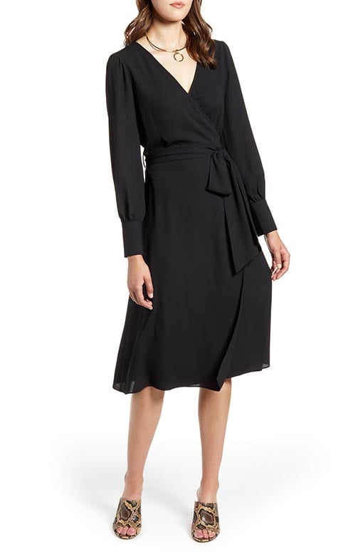 Halogen Long Sleeve Wrap Midi Dress Black holiday party parties