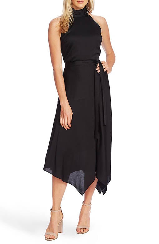 VINCE CAMUTO Hammer Satin Sleeveless Midi Dress Black holiday parties cocktail dress