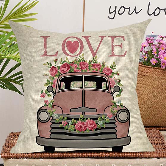 Softxpp Love Decorative Throw Pillow Cover Pink Truck Garden Roses valentines day throw pillows