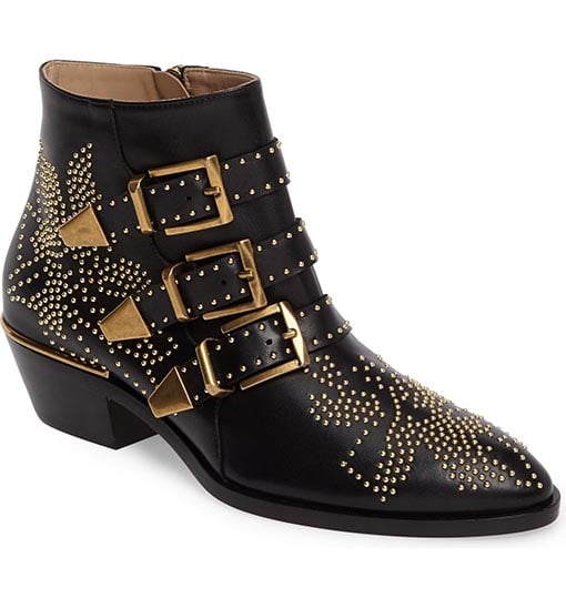 CHLOÉ Susanna Stud Buckle Bootie Black Gold Leather spring ankle boots