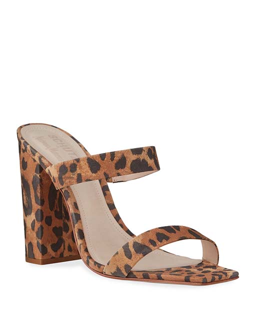 Schutz Maribel Square-Toe Leopard Suede Sandals Natural Leopard Print square toe heeled sandals