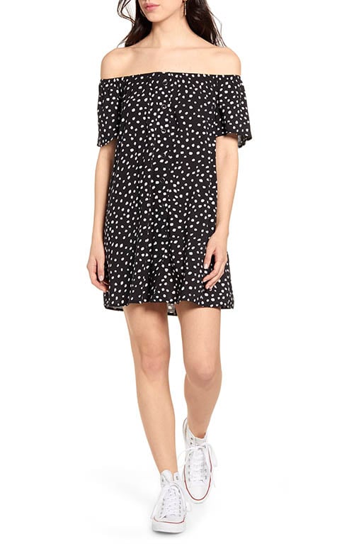 LIRA CLOTHING Spot On Off the Shoulder Shift Dress Black White polka dot dresses women