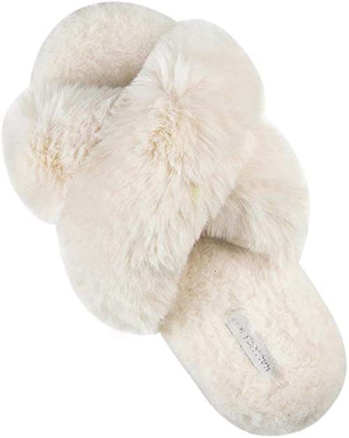 HALLUCI Women's Cross Band Soft Plush Fleece House Indoor or Outdoor Slippers Beige open toe slippers women