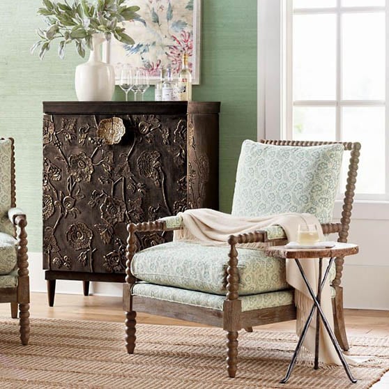 Frontgate Miller Bobbin Accent Chair Item #157237 classic upholstered armchairs spool chair turned legs arms living room furniture green print traditional
