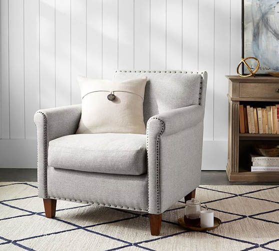 Pottery Barn Roscoe Upholstered Armchair classic armchairs modern nailhead trim sale living room furniture