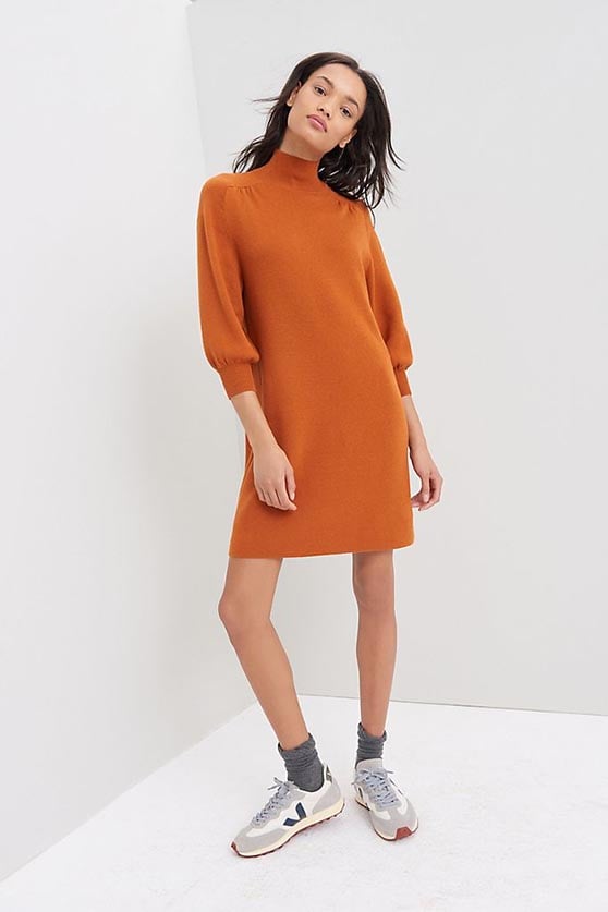 Maeve Jade Sweater Tunic Dress Dark Orange puff sleeves casual sweater dresses