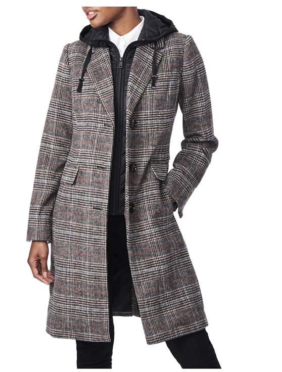 Bernardo Plaid Wool Blend Coat with Removable Hooded Bib
