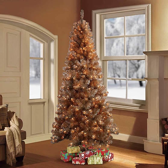 Puleo International 6.5 Foot Pre-Lit Rose Gold Tinsel Artificial Christmas Tree with 400 UL-Listed Clear Lights gold christmas trees